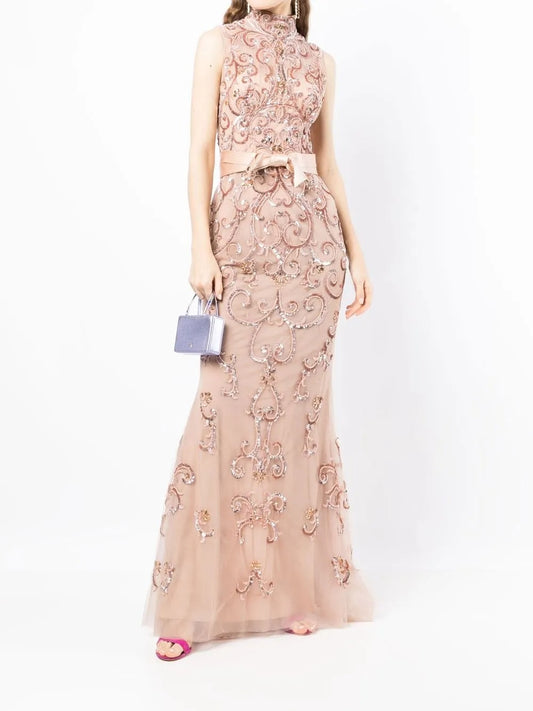 Ethereal Blush Embellished Tulle High-Neck Evening Dress