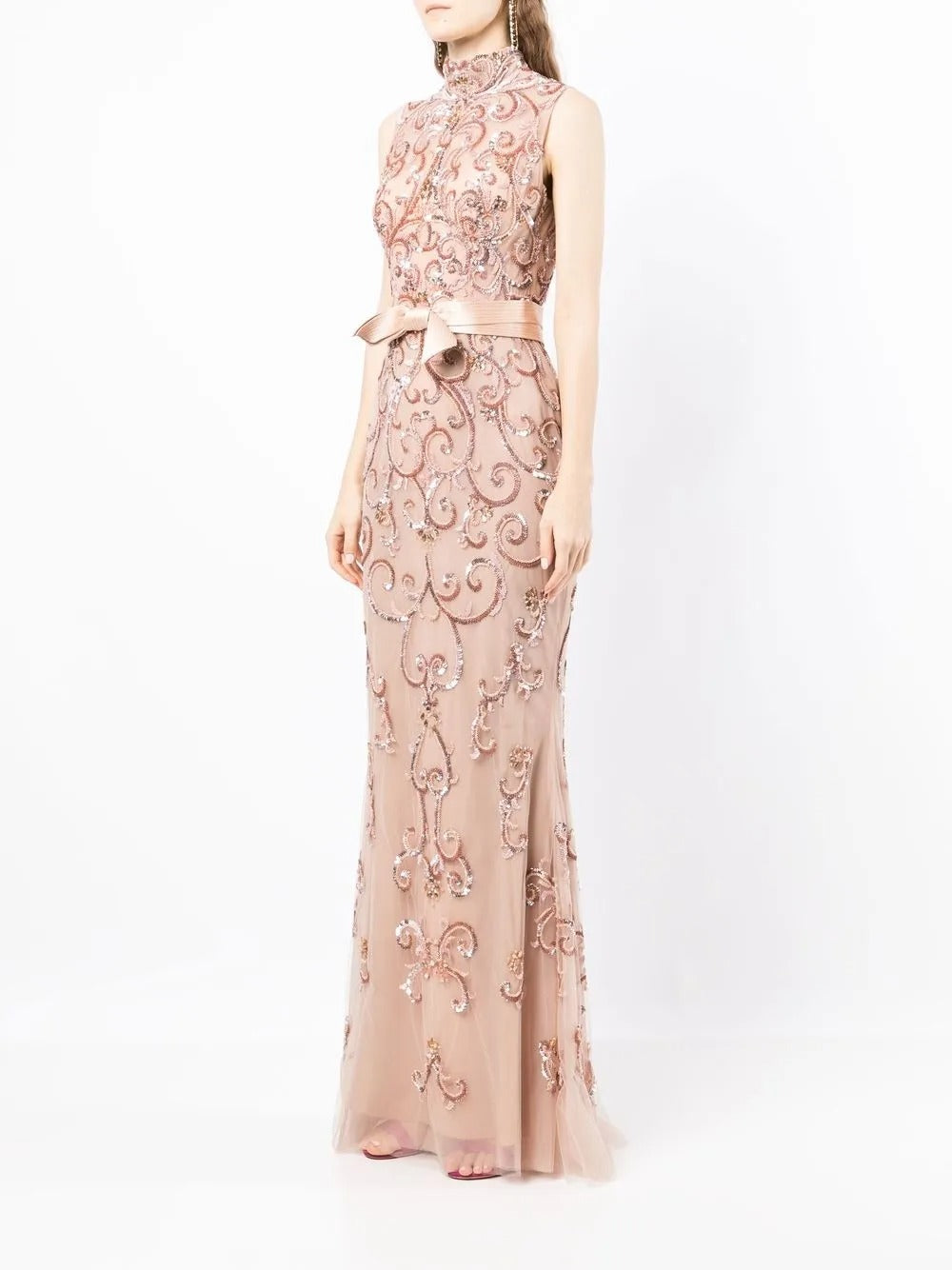 Ethereal Blush Embellished Tulle High-Neck Evening Dress