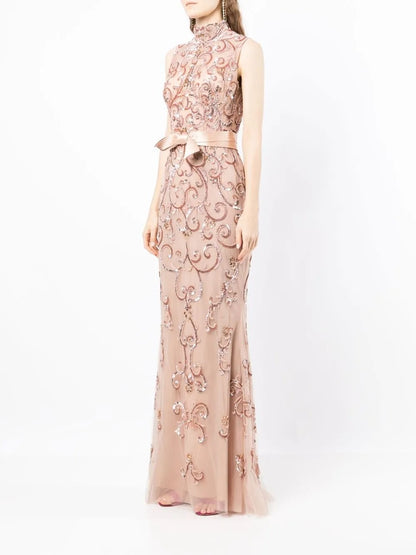 Ethereal Blush Embellished Tulle High-Neck Evening Dress