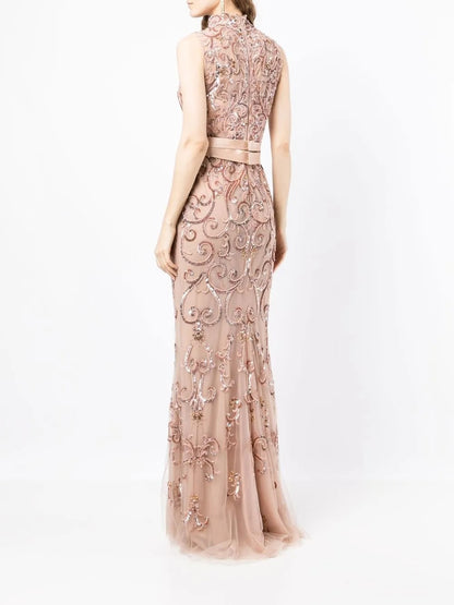 Ethereal Blush Embellished Tulle High-Neck Evening Dress