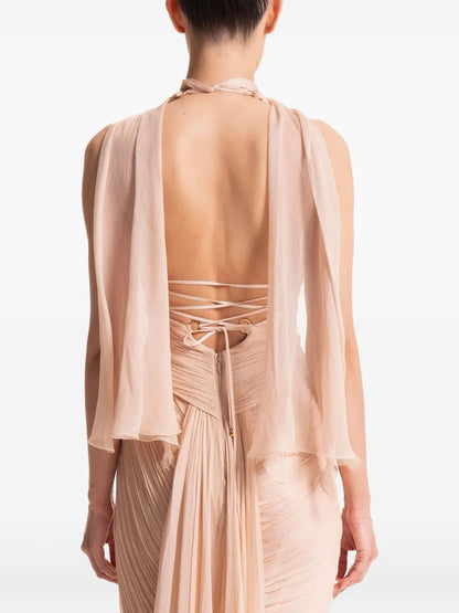 Ethereal Blush Halter Twist-Front Cutout Evening Dress