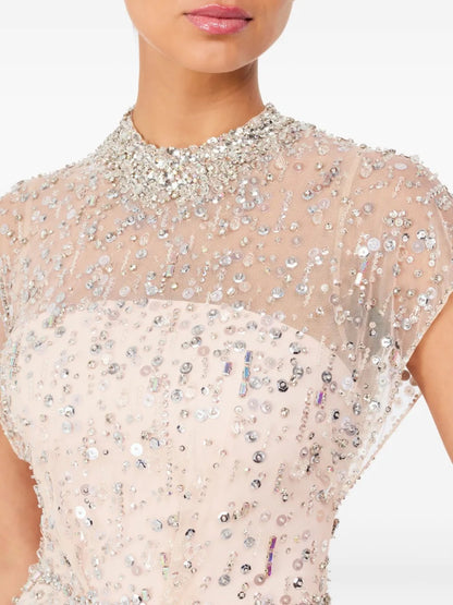 Ethereal Blush Pink Beaded High-Neck Prom Dress