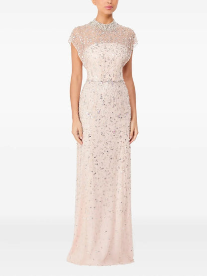 Ethereal Blush Pink Beaded High-Neck Prom Dress
