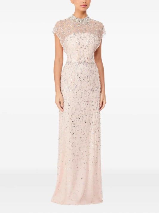 Ethereal Blush Pink Beaded High-Neck Prom Dress