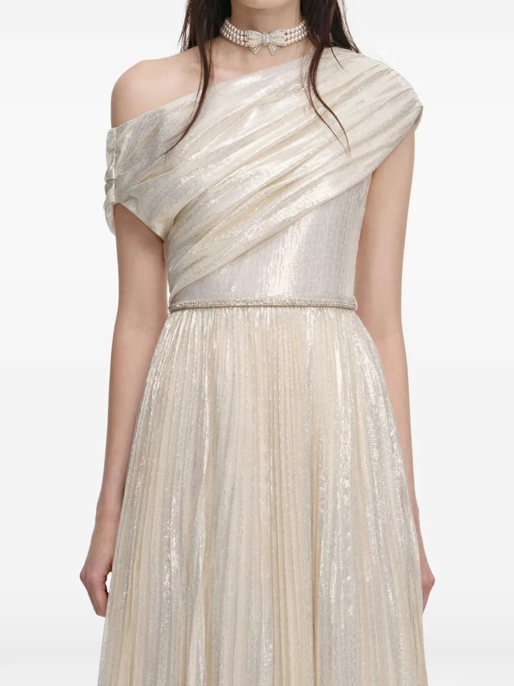 Ethereal Champagne Metallic One-Shoulder Prom Dress