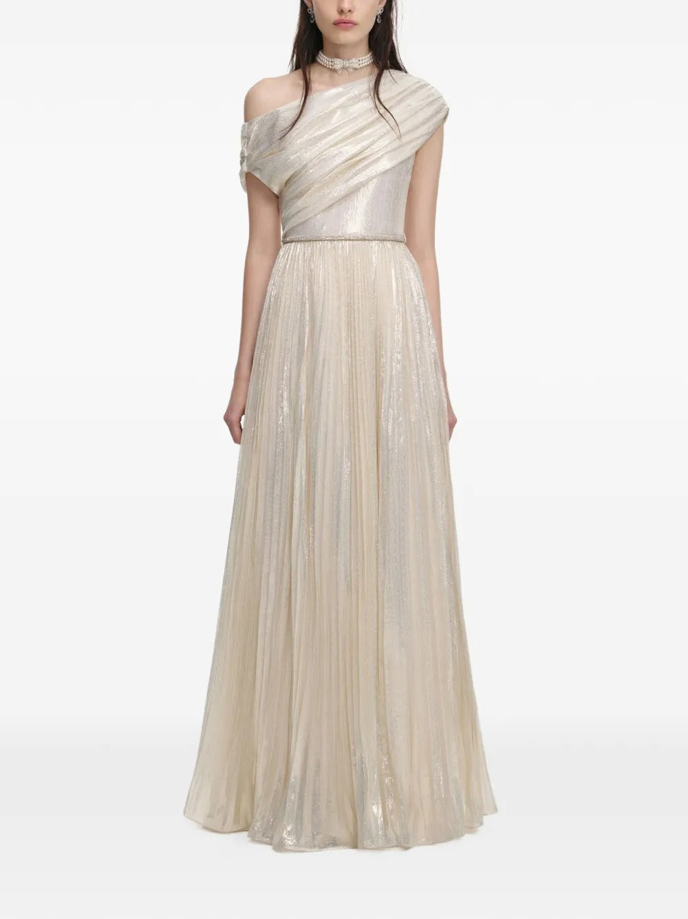 Ethereal Champagne Metallic One-Shoulder Prom Dress