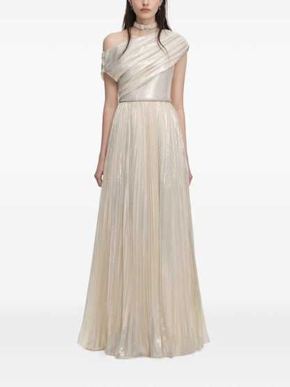 Ethereal Champagne Metallic One-Shoulder Prom Dress