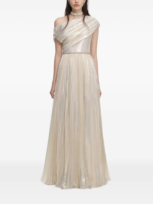 Ethereal Champagne Metallic One-Shoulder Prom Dress