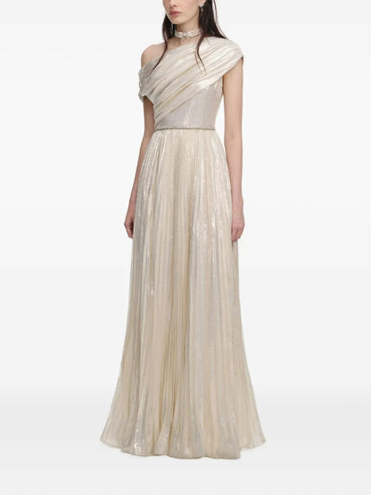 Ethereal Champagne Metallic One-Shoulder Prom Dress