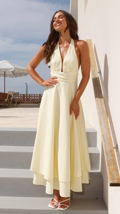 Ethereal Halter Neck Deep V Backless Tiered Midi Prom Dress with Waist Sash and Tie Back