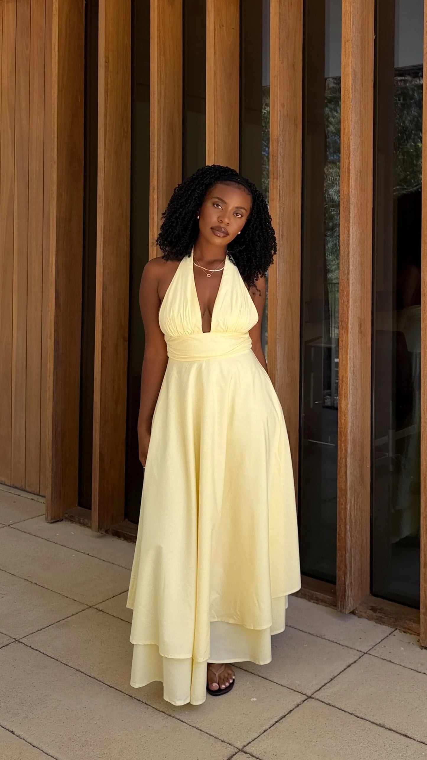 Ethereal Halter Neck Deep V Backless Tiered Midi Prom Dress with Waist Sash and Tie Back