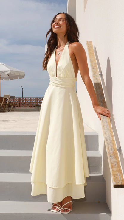 Ethereal Halter Neck Deep V Backless Tiered Midi Prom Dress with Waist Sash and Tie Back