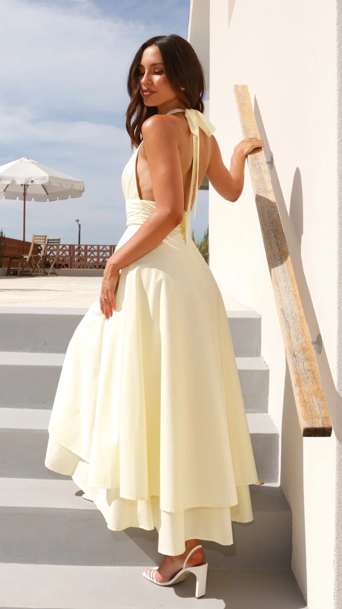 Ethereal Halter Neck Deep V Backless Tiered Midi Prom Dress with Waist Sash and Tie Back