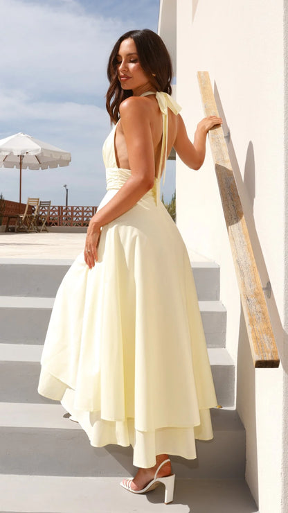 Ethereal Halter Neck Deep V Backless Tiered Midi Prom Dress with Waist Sash and Tie Back