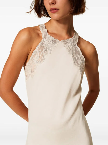 Ethereal Ivory Lace-Trim Halter-Neck Prom Dress