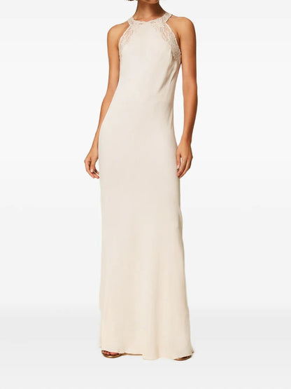 Ethereal Ivory Lace-Trim Halter-Neck Prom Dress