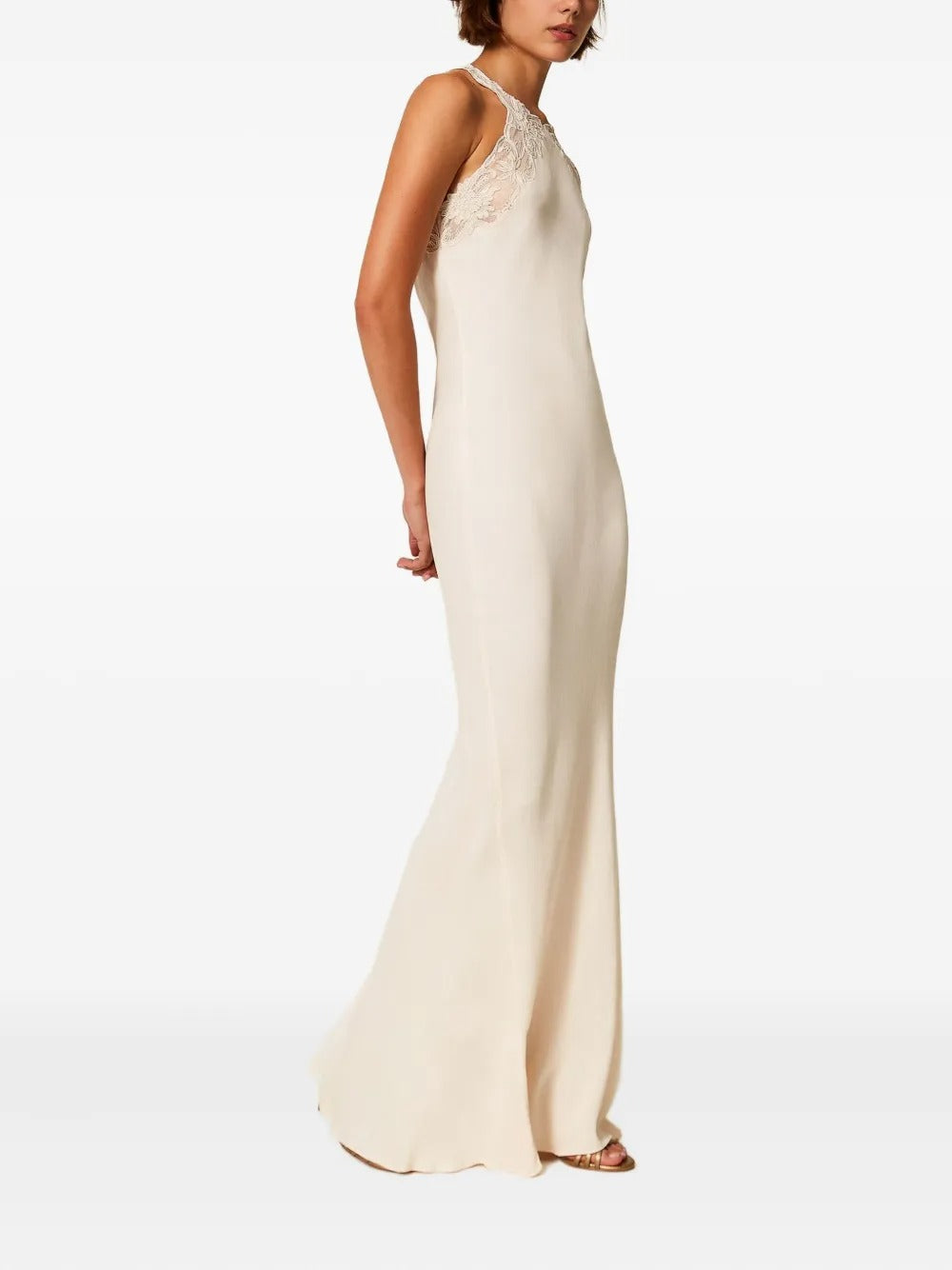 Ethereal Ivory Lace-Trim Halter-Neck Prom Dress