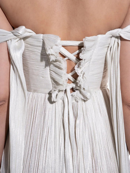 Ethereal Ivory Metallic Pleated Off-the-Shoulder Evening Dress