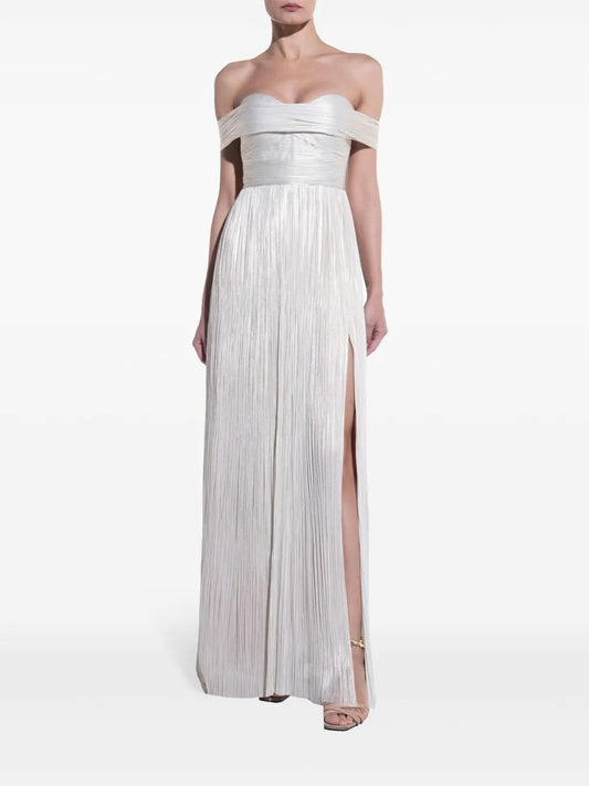 Ethereal Ivory Metallic Pleated Off-the-Shoulder Evening Dress