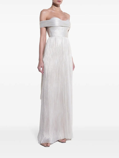 Ethereal Ivory Metallic Pleated Off-the-Shoulder Evening Dress