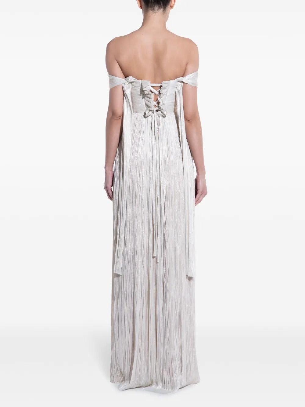 Ethereal Ivory Metallic Pleated Off-the-Shoulder Evening Dress