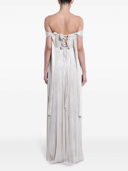 Ethereal Ivory Metallic Pleated Off-the-Shoulder Evening Dress