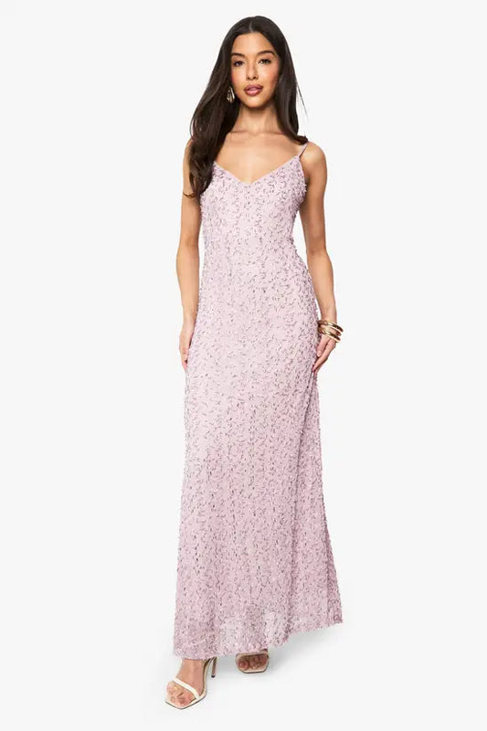 Ethereal Lilac Textured Floral Lace V-Neck Maxi Dress with Spaghetti Straps, Prom Dress