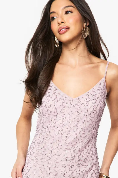 Ethereal Lilac Textured Floral Lace V-Neck Maxi Dress with Spaghetti Straps, Prom Dress