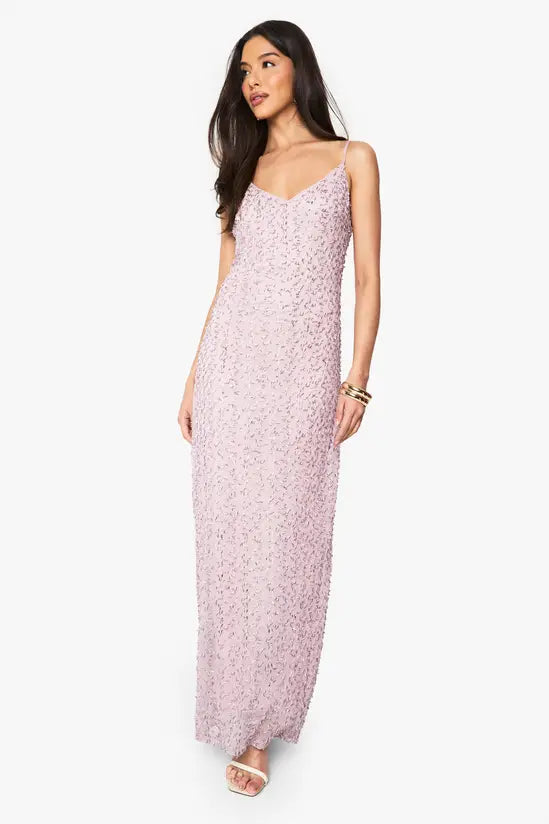 Ethereal Lilac Textured Floral Lace V-Neck Maxi Dress with Spaghetti Straps, Prom Dress