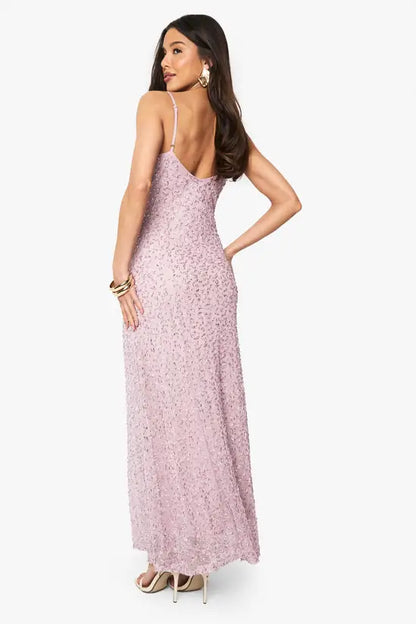 Ethereal Lilac Textured Floral Lace V-Neck Maxi Dress with Spaghetti Straps, Prom Dress