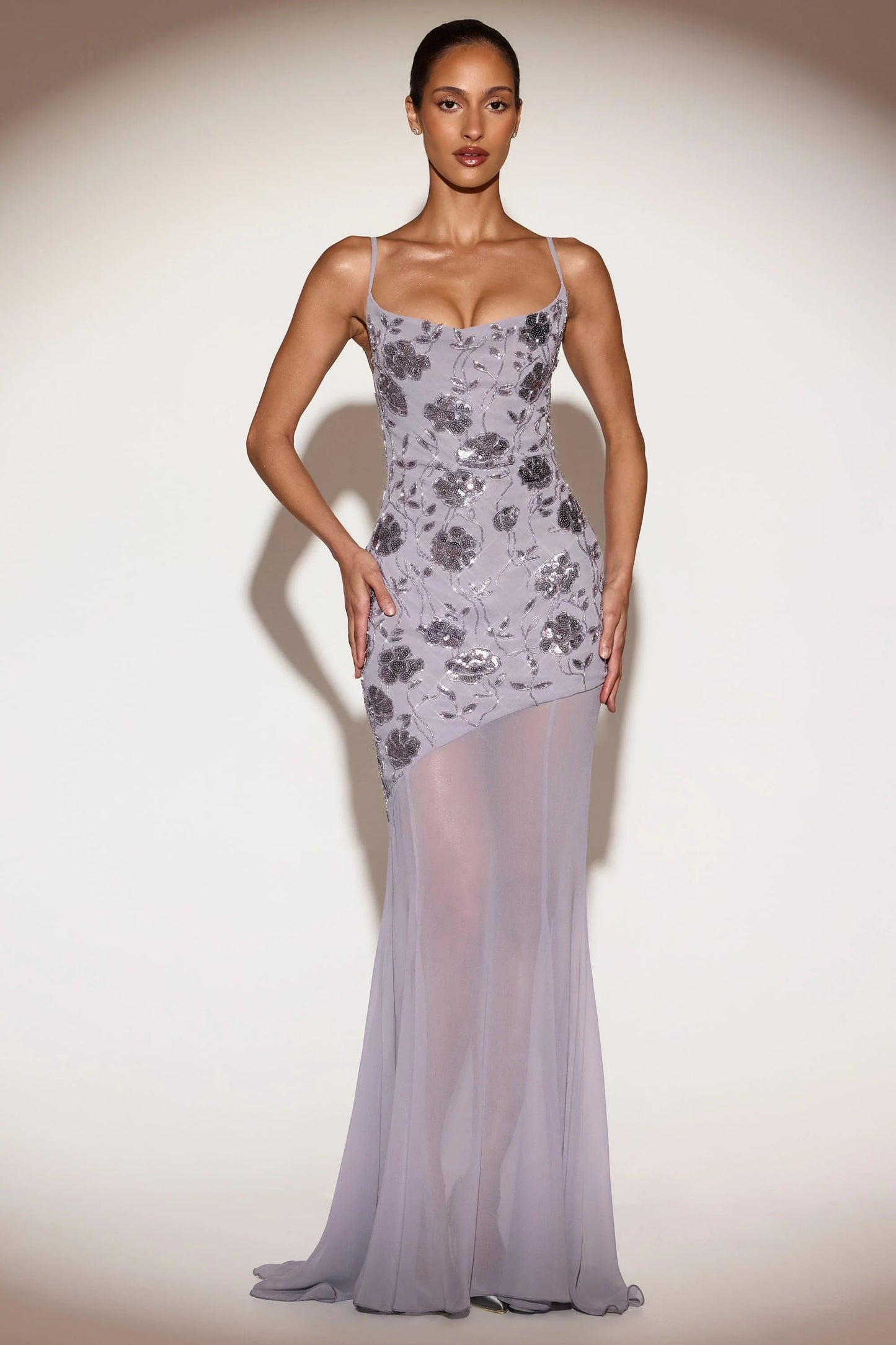Ethereal Mermaid Sweetheart Sequin-Floral Sheer-Skirt Prom Dress
