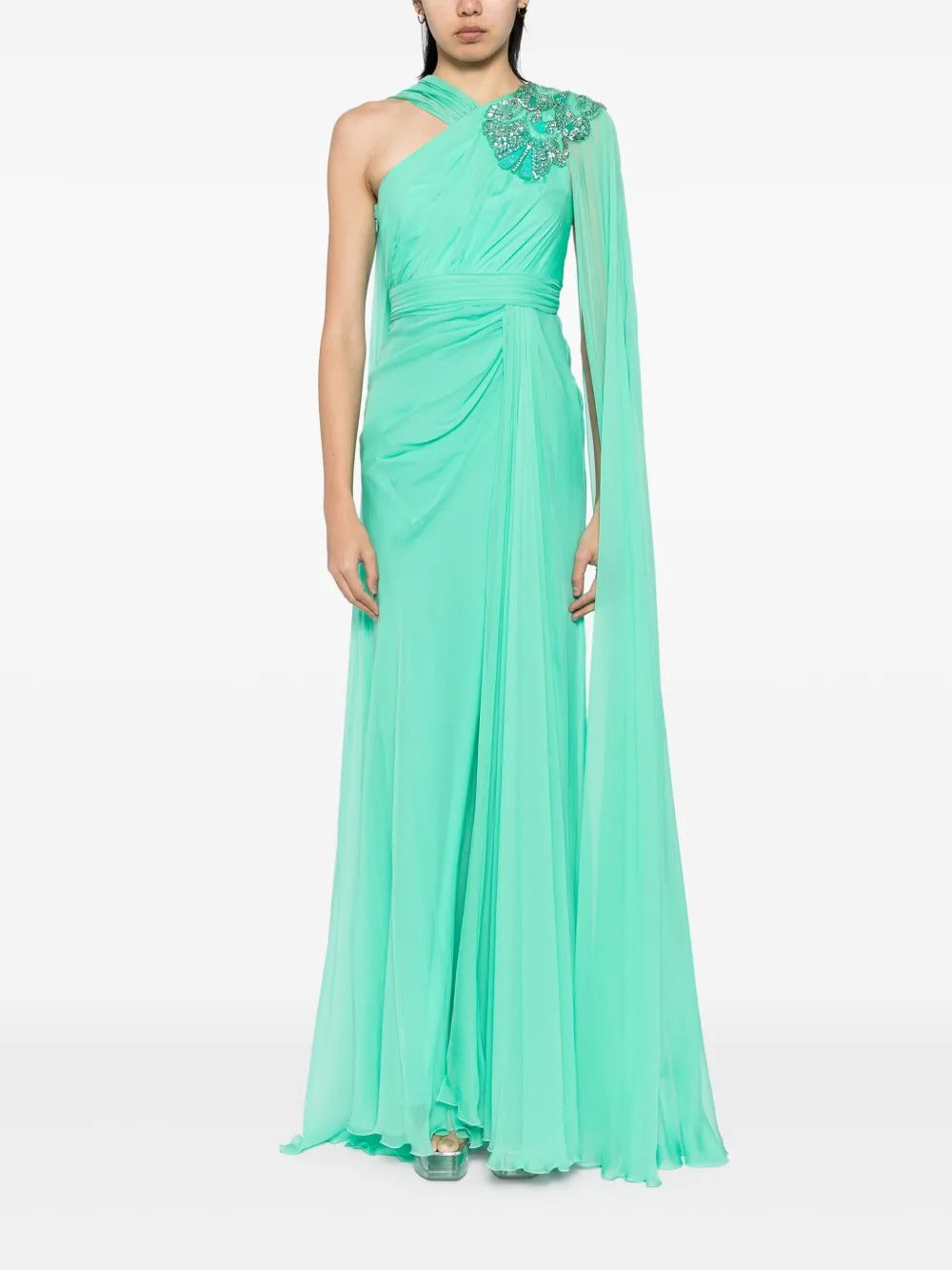 Ethereal Mint Green One-Shoulder Embellished Chiffon Gown