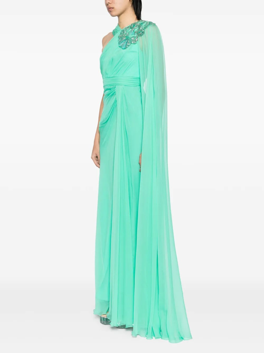 Ethereal Mint Green One-Shoulder Embellished Chiffon Gown