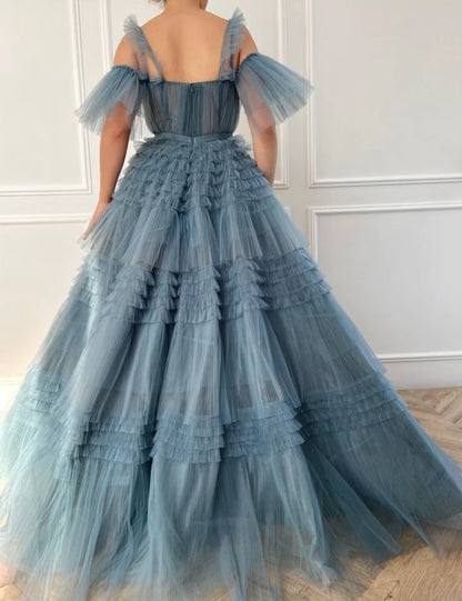 Cute A-Line Blue Ruffled Gown Tulle Floor-length Prom Dress