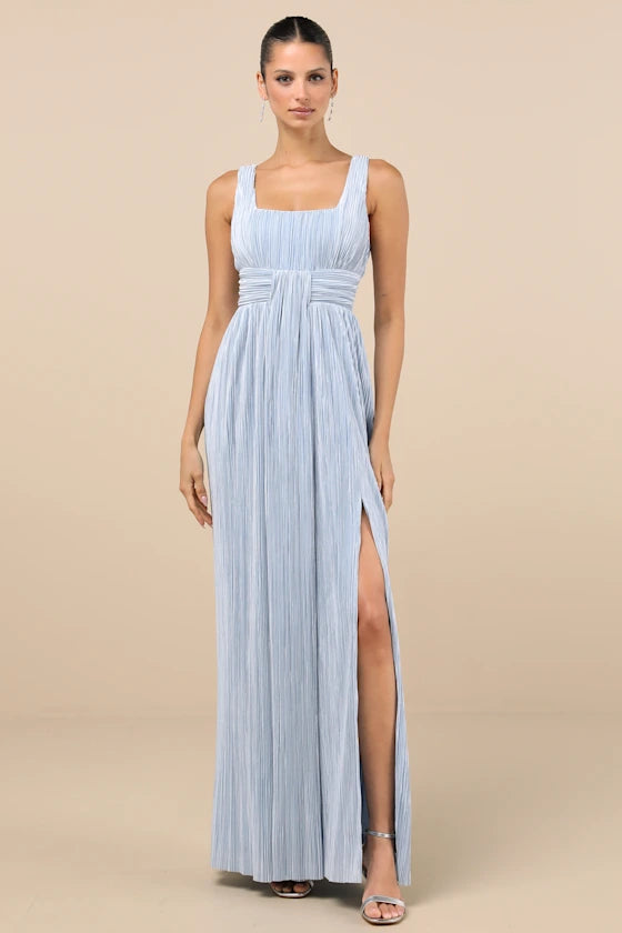 Ethereal Sky Blue Plissé Maxi Dress with Square Neck and High Side Slit, Formal Bridesmaid Dresses
