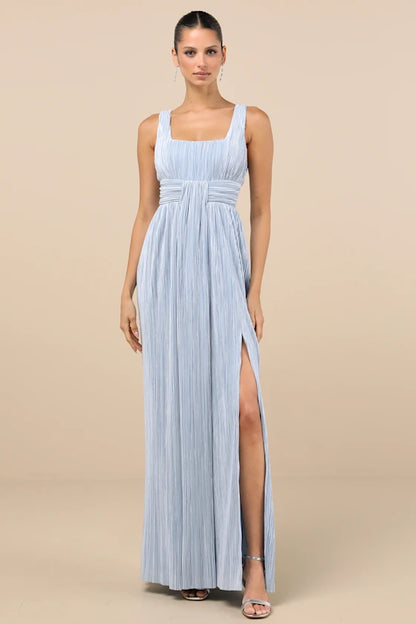 Ethereal Sky Blue Plissé Maxi Dress with Square Neck and High Side Slit, Formal Bridesmaid Dresses