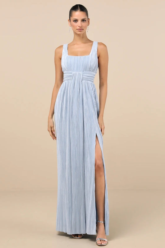 Ethereal Sky Blue Plissé Maxi Dress with Square Neck and High Side Slit, Formal Bridesmaid Dresses