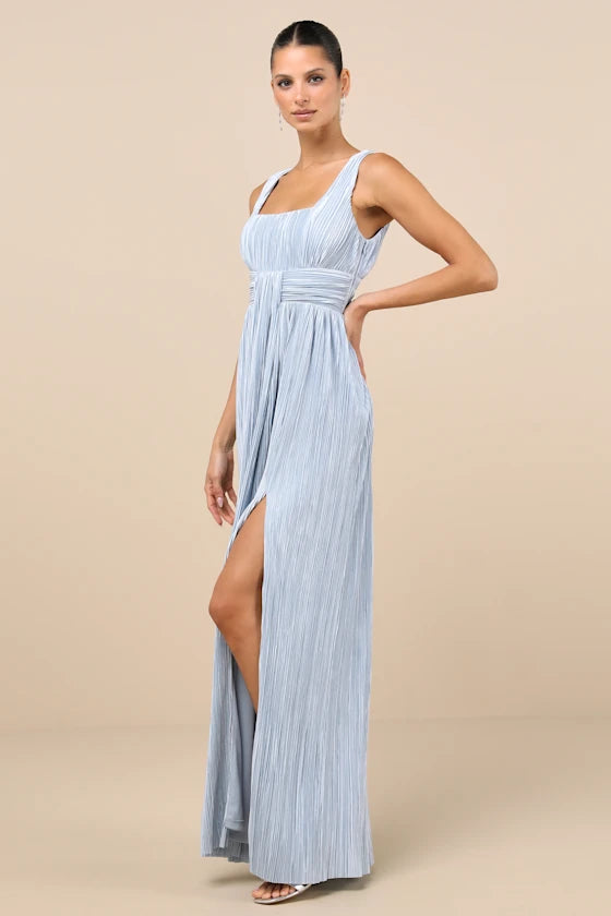 Ethereal Sky Blue Plissé Maxi Dress with Square Neck and High Side Slit, Formal Bridesmaid Dresses