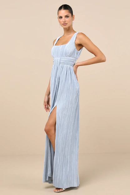Ethereal Sky Blue Plissé Maxi Dress with Square Neck and High Side Slit, Formal Bridesmaid Dresses