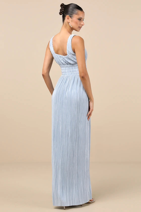 Ethereal Sky Blue Plissé Maxi Dress with Square Neck and High Side Slit, Formal Bridesmaid Dresses