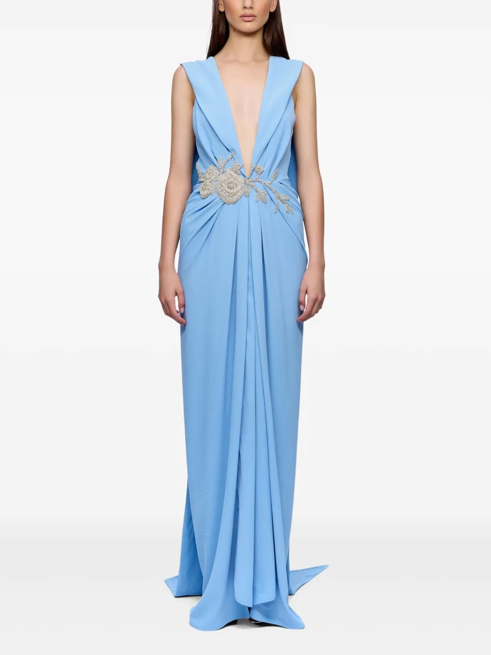 Ethereal Sky Blue Plunge V-Neck Embellished Maxi Dress
