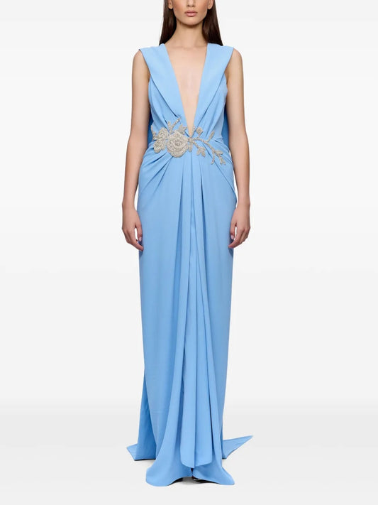 Ethereal Sky Blue Plunge V-Neck Embellished Maxi Dress