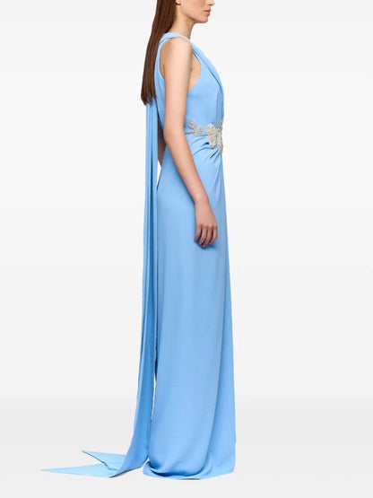 Ethereal Sky Blue Plunge V-Neck Embellished Maxi Dress
