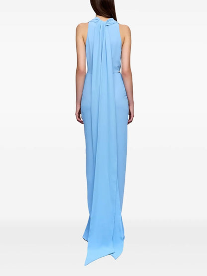 Ethereal Sky Blue Plunge V-Neck Embellished Maxi Dress