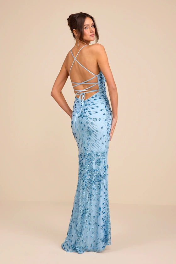 Ethereal Sky Blue V-Neck Mermaid Gown with Sequin Embellishments and Lace-Up Back, Prom Dress