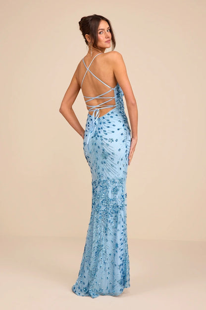Ethereal Sky Blue V-Neck Mermaid Gown with Sequin Embellishments and Lace-Up Back, Prom Dress