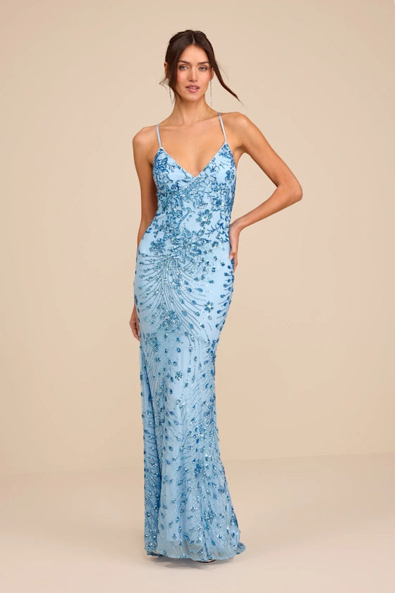 Ethereal Sky Blue V-Neck Mermaid Gown with Sequin Embellishments and Lace-Up Back, Prom Dress