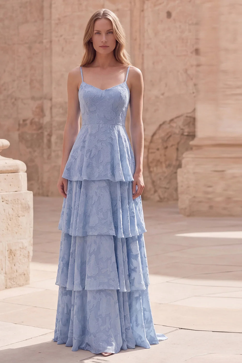 Ethereal Spaghetti Strap Sky Blue Floral Jacquard Tiered Ruffle Maxi Dress with V-Neck and Open Back Prom Dress
