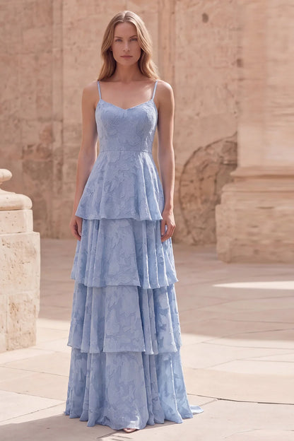 Ethereal Spaghetti Strap Sky Blue Floral Jacquard Tiered Ruffle Maxi Dress with V-Neck and Open Back Prom Dress
