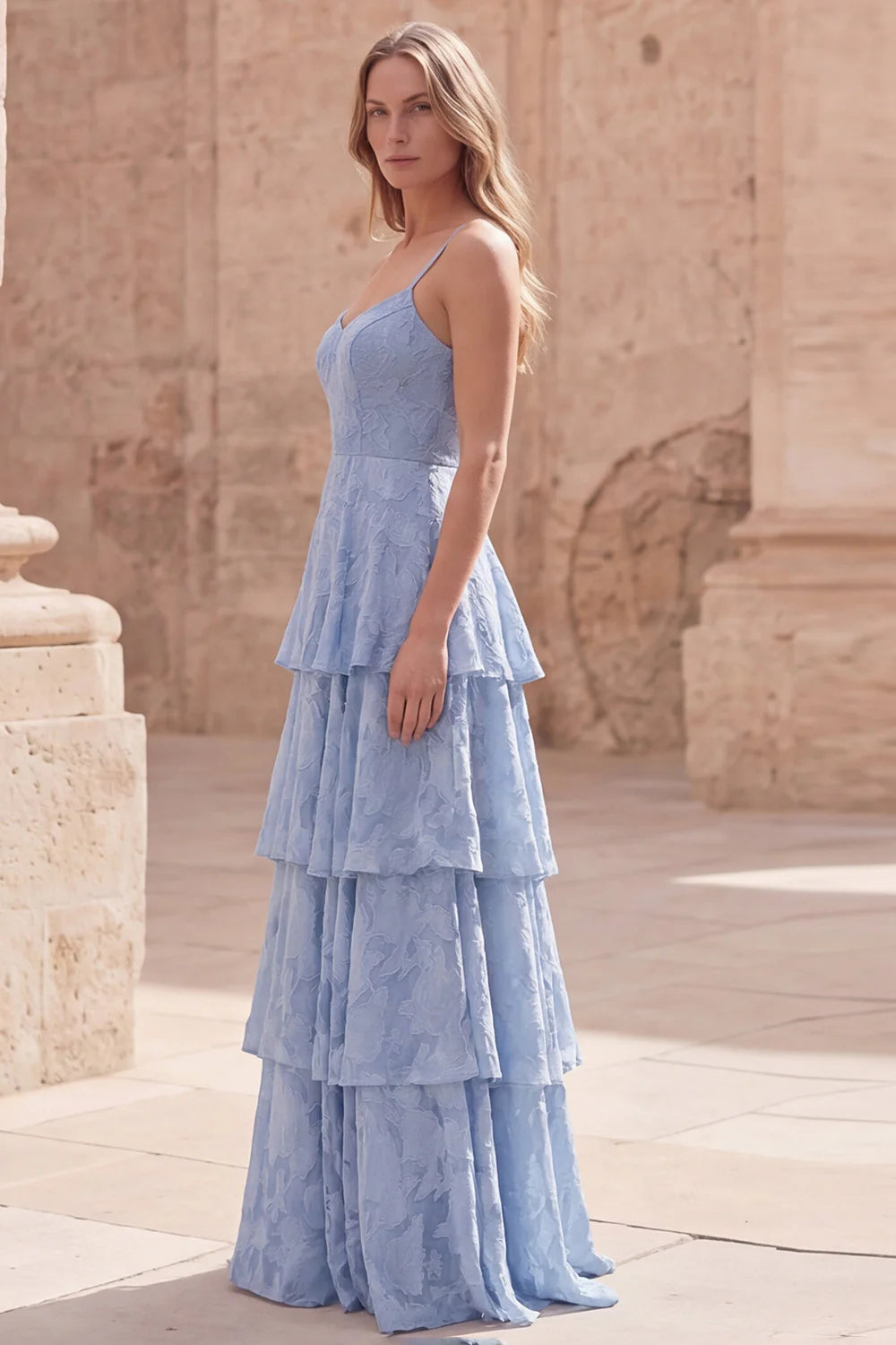 Ethereal Spaghetti Strap Sky Blue Floral Jacquard Tiered Ruffle Maxi Dress with V-Neck and Open Back Prom Dress